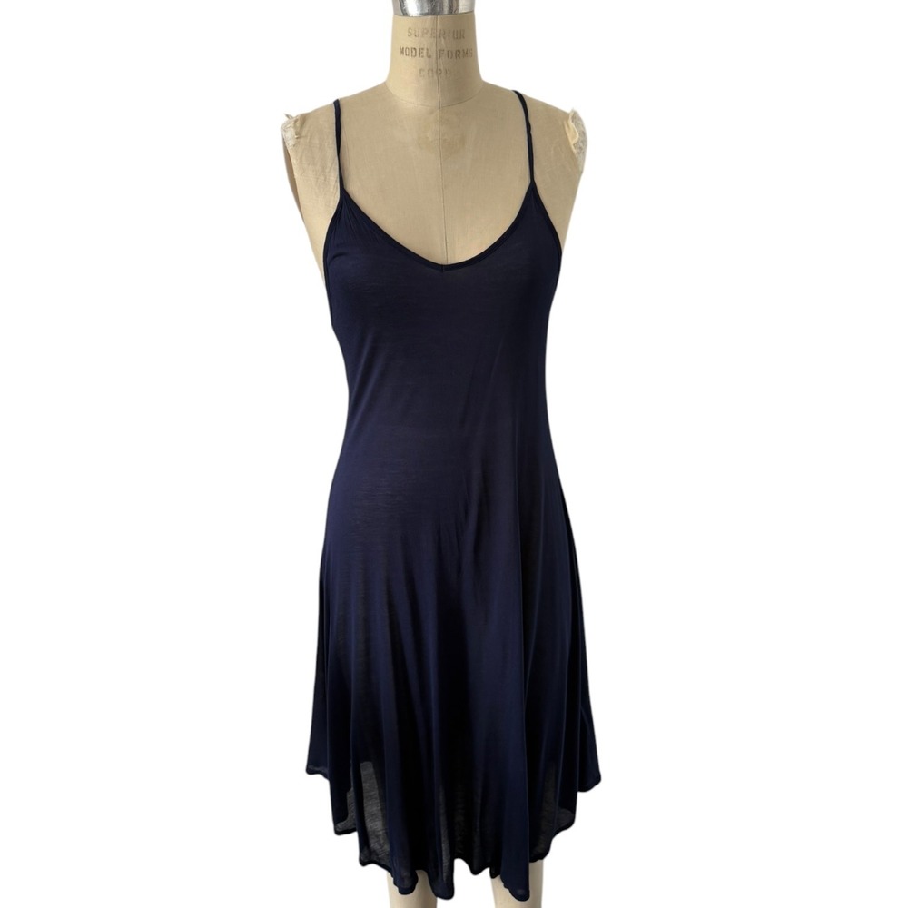 Eileen Fisher Irish Linen Dress Size M Navy Stitched Handkerchief Hem V Neck - Picture 10 of 13